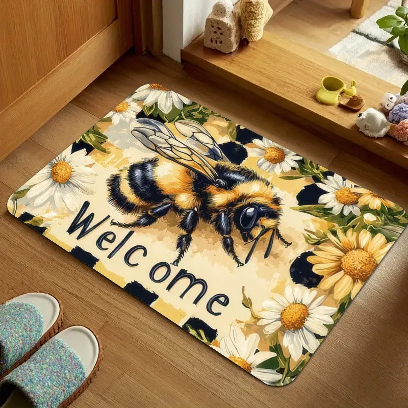Spring Welcome Floral Style Cream mat Bumblebee Daisy Welcome Script Print Non Slip Home Front Entrance Doormat