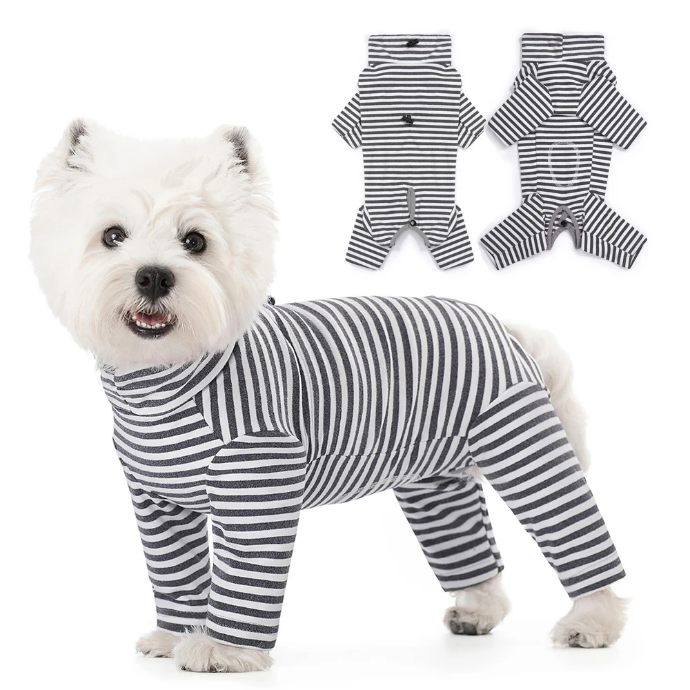 Dog Pajamas Small Dog Clothes with Fully-Closed Stomach Windproof Warm Velvet Pet Undershirts Adjustable Puppy Striped Jumpsuit