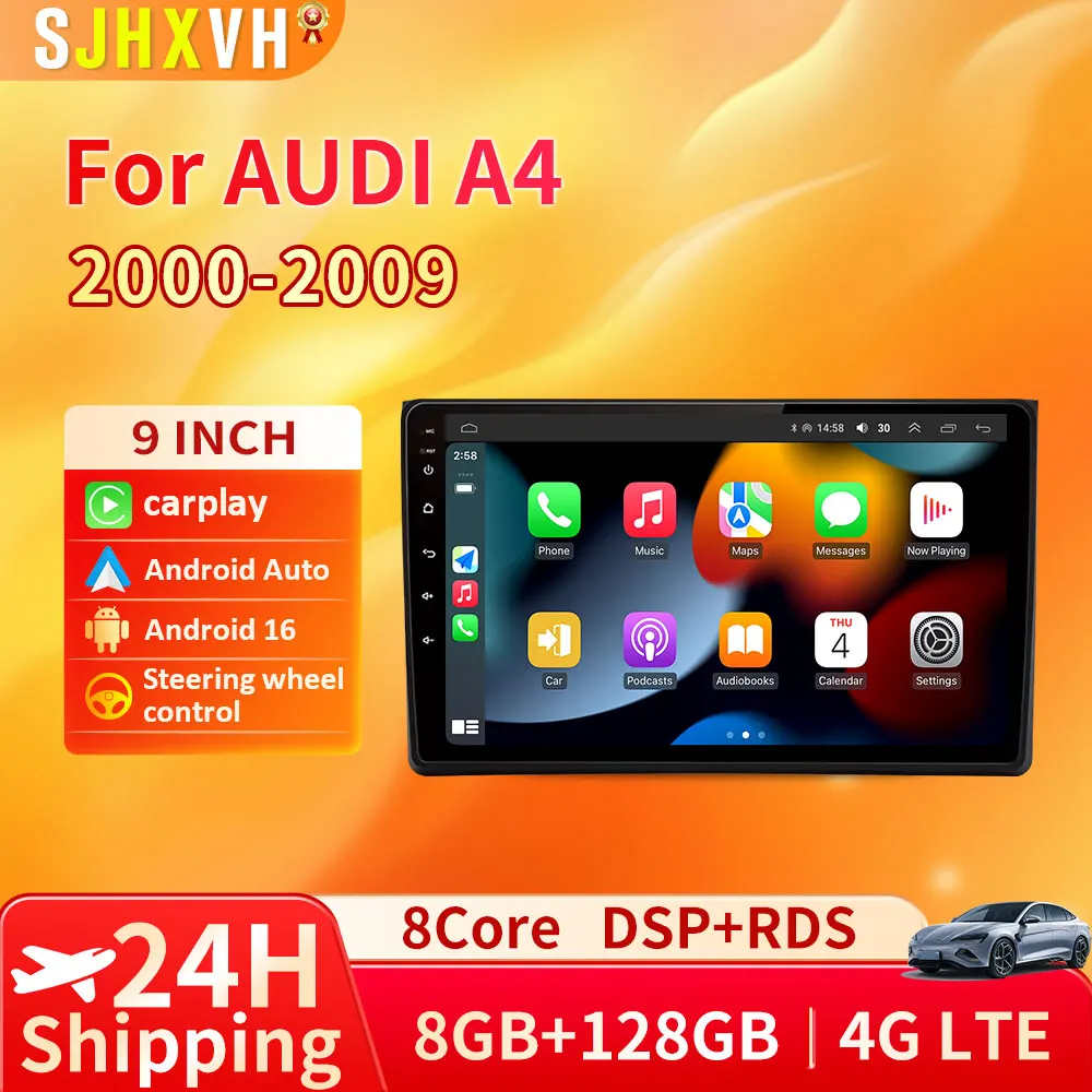 

Android 16 Carplay Android Auto 2K Screen Car Radio Multimedia Player For Audi A4 2 3 B6 B7 S4 RS4 2000-2009 Auto radio Stereo