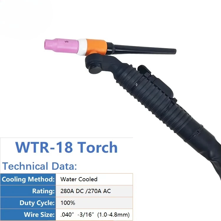 WTR18 Water Cooled TIG Torch 280A DC 270A AC Rotatable Head Ribbed Handle WTR-18