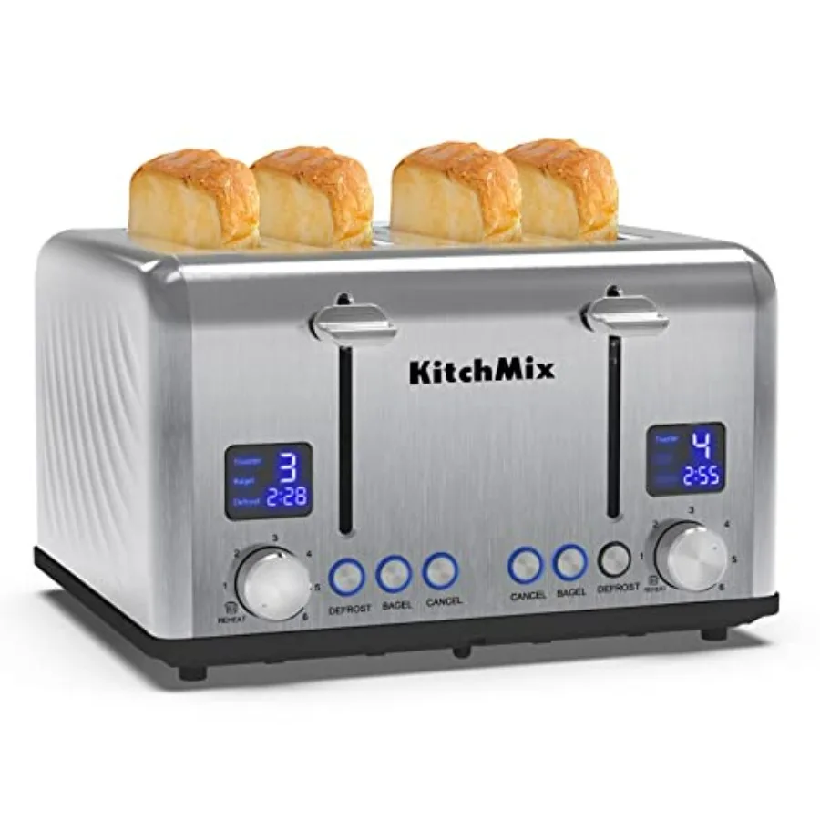 

4-Slice Bagel Toaster with LCD Timer Extra Wide Slots Dual Screen Removable Crumb Tray in Stainless Steel