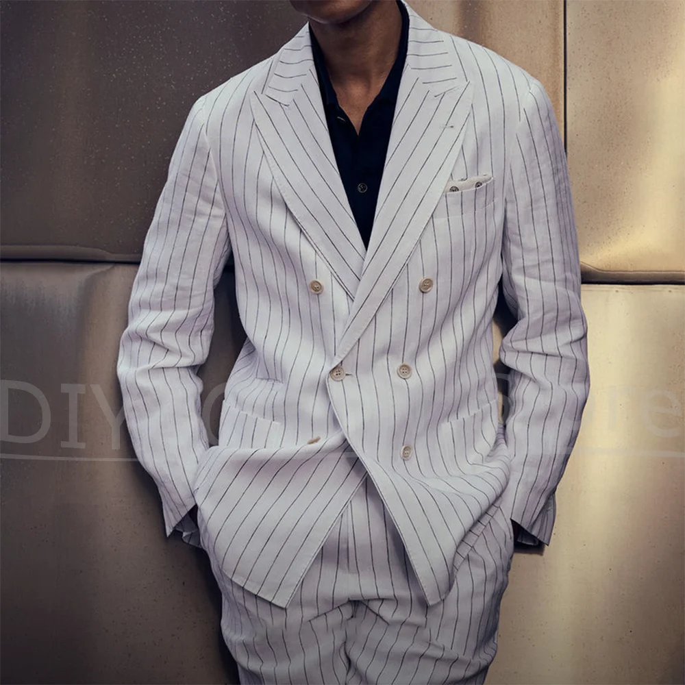 

White Striped Men Suits Double Breasted Peak Lapel Clothing Sets 2 Piece Fashion Business Casual Male Suit (Jacket+Pants)