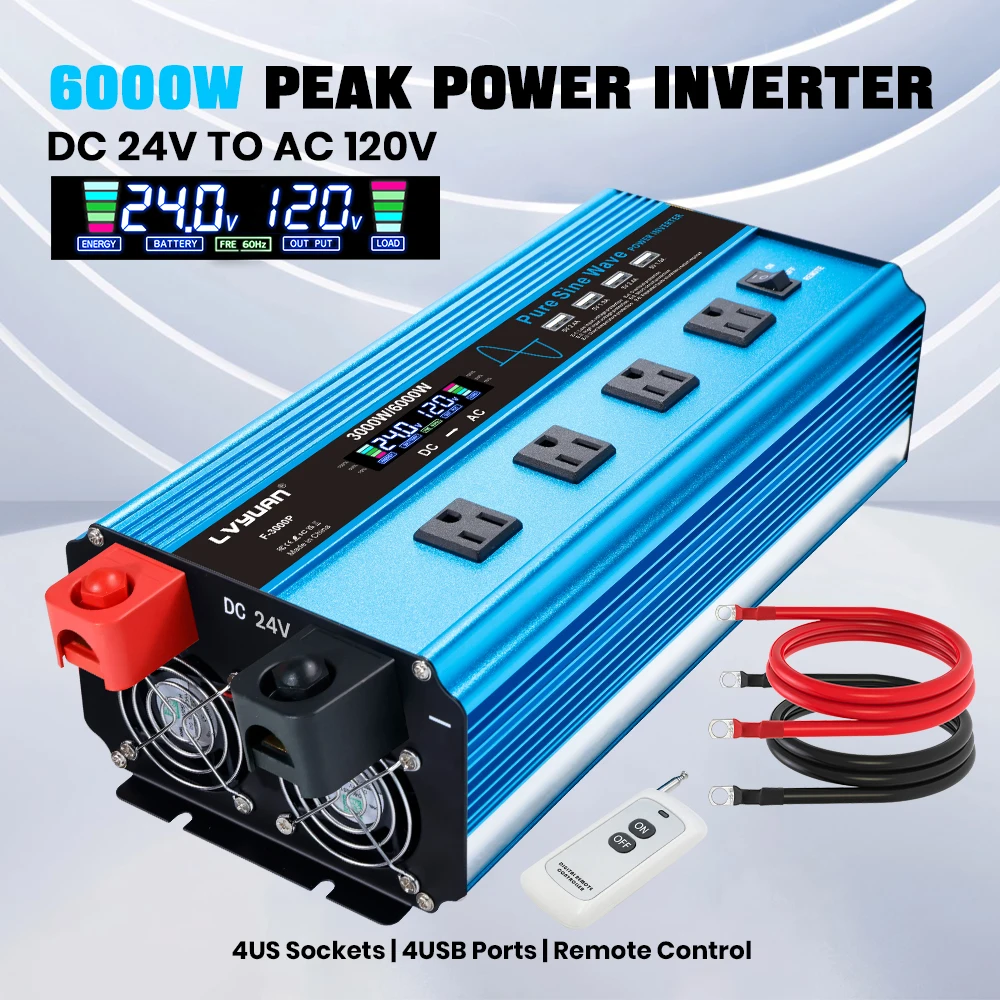 LVYUAN Pure Sine Wave Inverter 4000W 6000W 8000W Peak 12V to 110V 60Hz US Outlets 4 USB LCD Car RV Truck Camping Off Grid Home