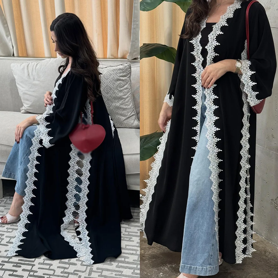 

Spring Summer Muslim Dress Suit Women Eid Open Abaya Dresses Lace Ramadan Party Cardigan Robe Vestidos Dubai Kaftan Jalabiya