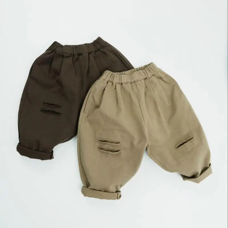 

Autumn New Children Loose Trousers Cotton Baby Casual Pants Boys Girls Fashion Ripped Harem Pants Solid Versatile Kids Clothes