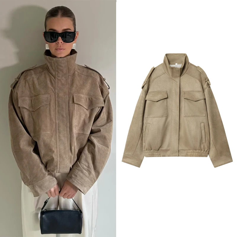 

Suede Women Jacket Autumn Street wear Bomber Jacket New In Zip Up Coats & Jackets Stand Collar Long Sleeve Tops Fashion Outerwea