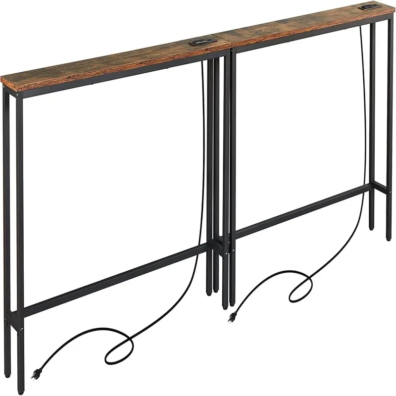 

Dual Set of 5.9" Slim Console Sofa Tables with Power Outlets, Extended Couch Table Featuring Metal Frame and Charging Station