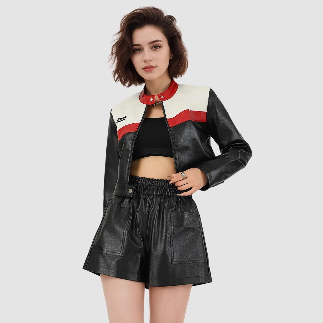 Women Contrasting Color Splicing Locomotive Suit Bomber Jacket Short Jacket PU Leather Long Sleeve