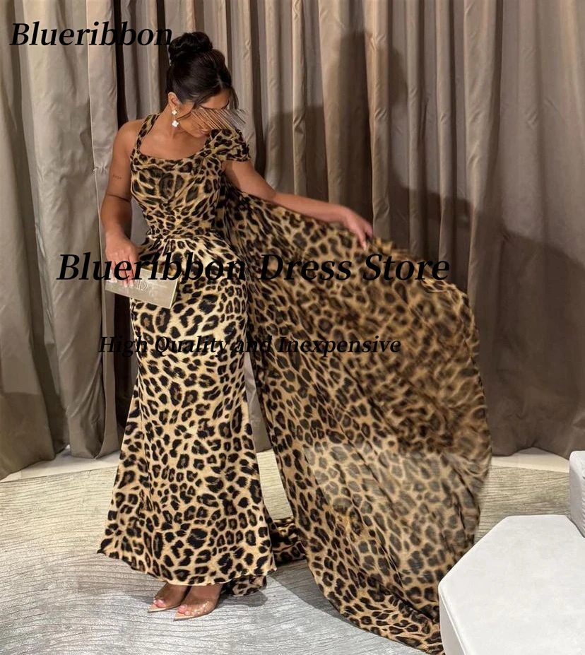 Blueribbon Leopard Print Sexy Prom Dresses 2024 Off Shoulder Flutters Evening Gowns Long Maid of Honor Wedding Party Dress