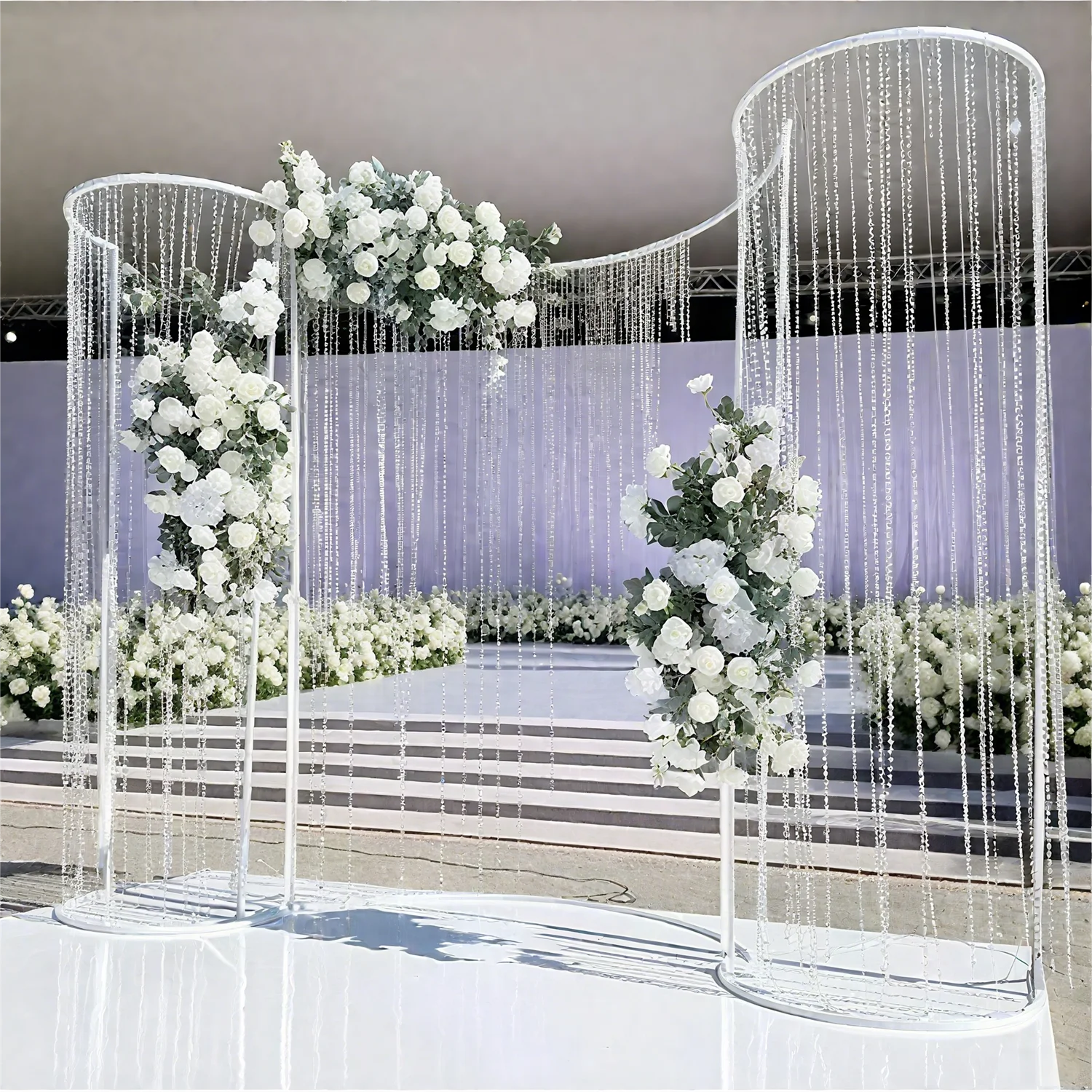 

Popular Curved Wedding Arch Metal Backdrop Frame Flower Gate with Acrylic Beads Hollow Design 7.2X8 FT for Event Holiday Decor