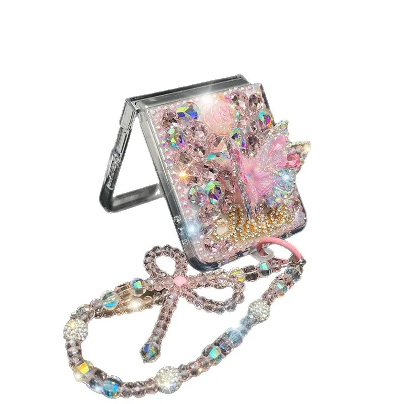 For Samsung Galaxy Z Flip 7 FE 6 5 4 3 Flip7 5G Luxury Crystal Vivid Butterfly Flower Diamond Stone Pearl Wrist Phone Case Cover view 6