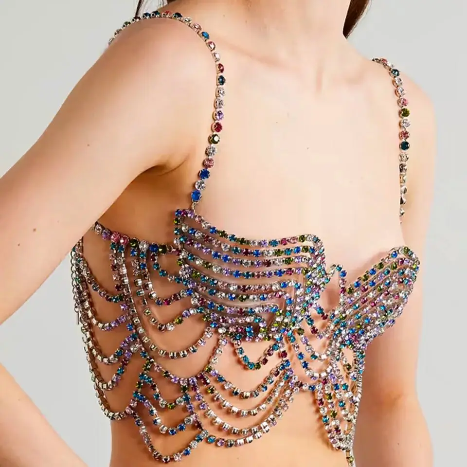 

Luxury shiny crystal romantic colorful top bra fashion Rhinestone sexy underwear Body chain multi-layer bra chain bikini jewelry