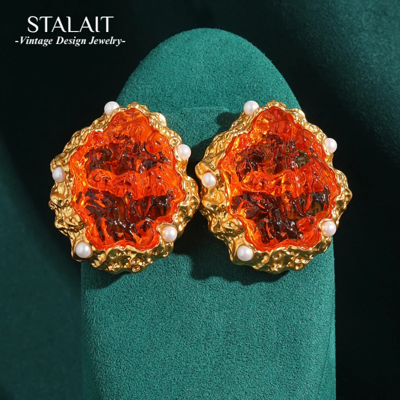 

Luxury Orange Galss Stud Earrings For Jewelry Making Gold Color Shape Candy Woman Outfits Vintage Designer Wedding Accessories