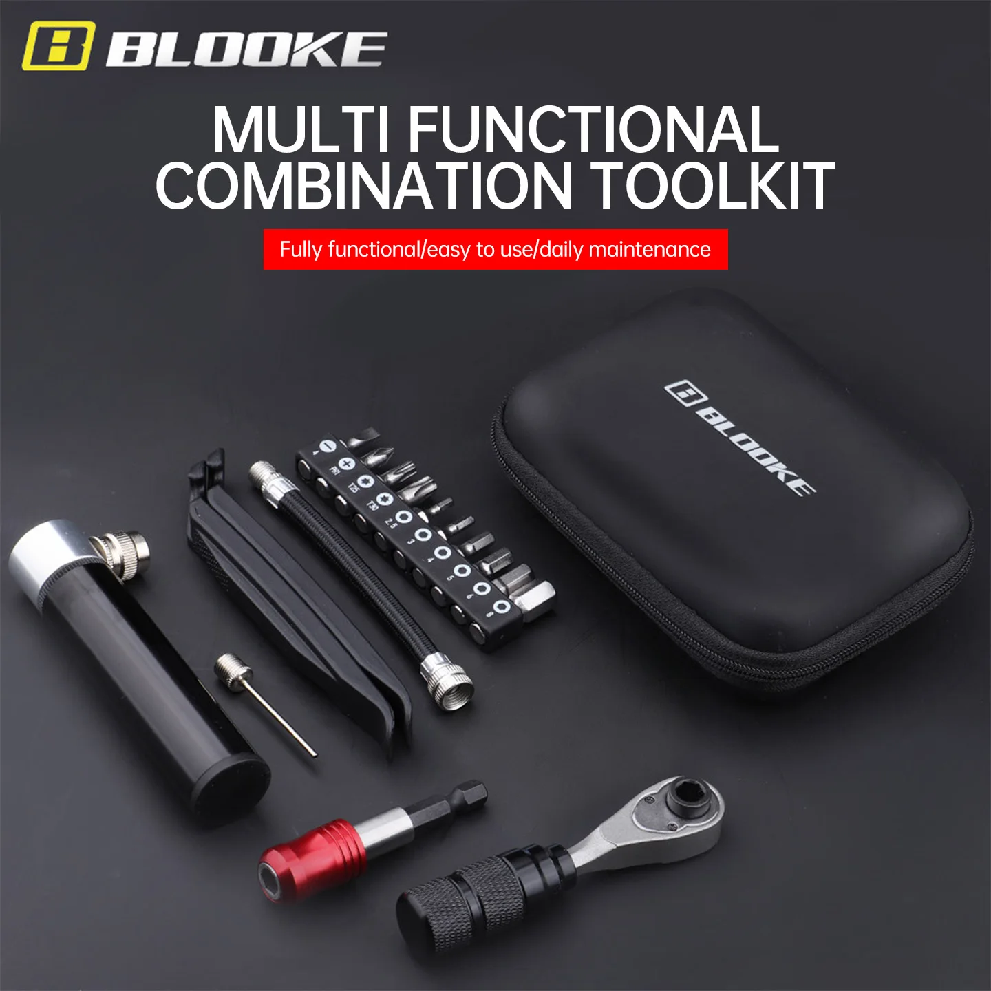 BLOOKE Multifunctional Bicycle Repair Tool Kit with Ratchet Wrench, Sockets, Tire Pry Bar & Pump for MTB Road Bike