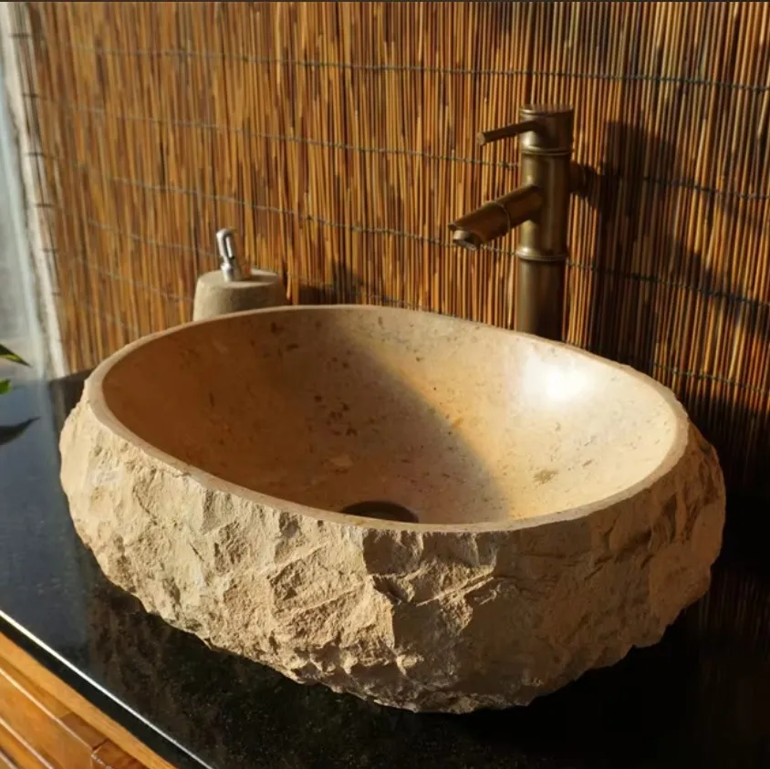 Natural Oval Marble Stone Classic Beige Garden Park Outside Out Natural Split Finishing Surface Hands Washing Area Basin Sink