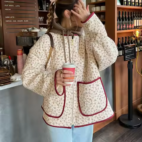 Women's Autumn Aesthetic Floral Print Stand Collar Color Pocket Quilted Padded Jackets Coat Female Warm Outwear Chic Tops