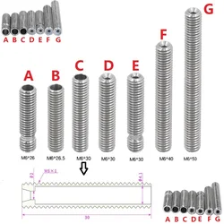 Pieza de impresora 3D MEGA 2 piezas MK8 HEATBREAK 26 26,5 30 40 50MM, rotura de calor con ranura, tubo de PTFE, garganta de rosca de M6, filamento de 1,75 MM