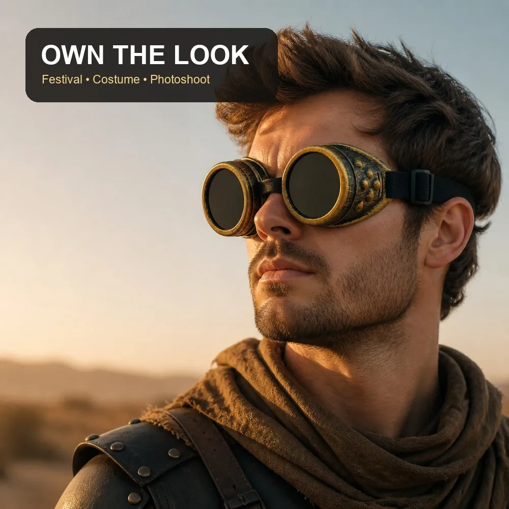 Steampunk Round Goggles Retro Costume Eyewear with Dark Lenses Adjustable Elastic Strap for Cosplay Festival Party Photo Props