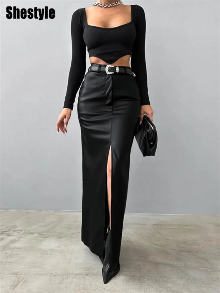 

Shestyle Slit PU Leather High Waist Long Skirt Women Office Zipper Fly Pencil Brief Pockets Slim Design Bottom Lady Work Clothes