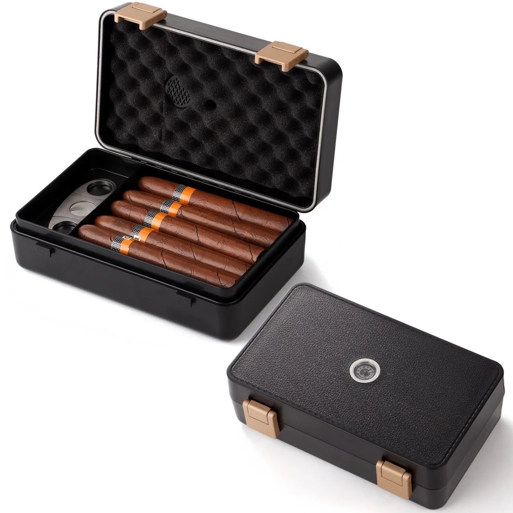 Travel Cigar Humidor Box with Hygrometer Cigar Humidifier Box For Cigar Accessories 2 Removable Layers Holds Up To 10 Cigars