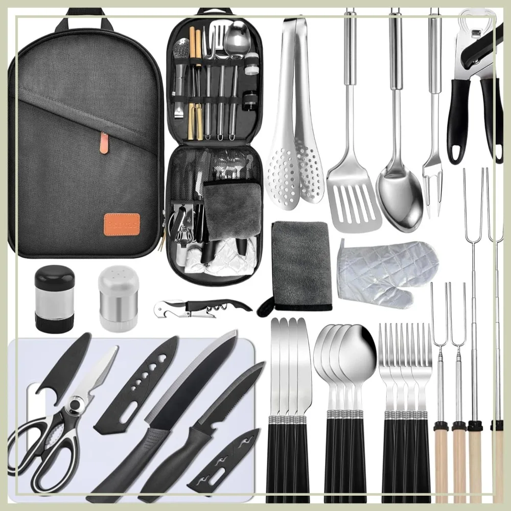 

Camping Cooking Utensils Set, Stainless Steel & Silicone Gear for Camp Kitchen, Ideal Gift for RV Tent Camper