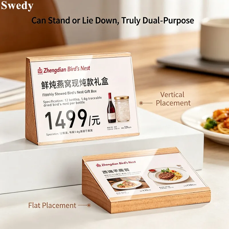 3 Pieces 90x55mm Slant Restaurant Wooden Menu Price Card Holder Acrylic Price Label Display Sign Holder Stand