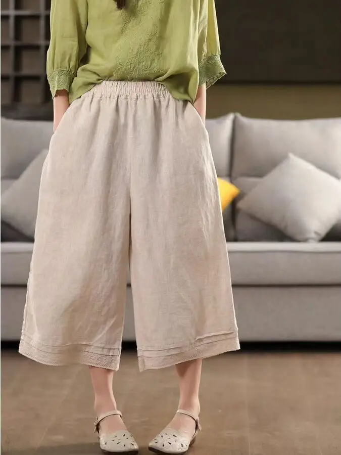 

Summer New Style High Waist Lace Trim Cotton Linen Wide Leg Seven Pants plus Size Women's Retro Casual Straight Leg Trousers