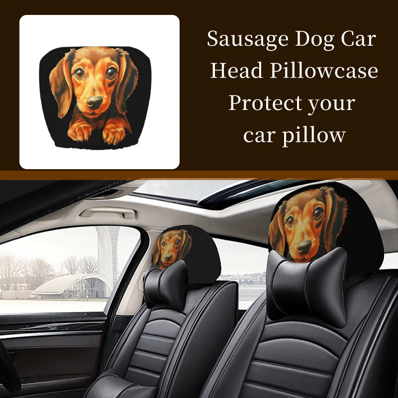 

2Pcs Dachshund Car Head Pillowcase Cute Seat Protective Cover Elastic Unpadded Vehicle Interior Safety Material