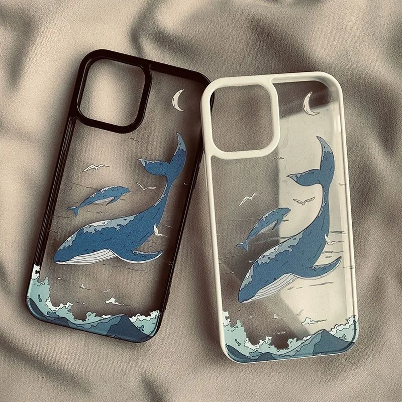 Ocean Whale Wave Pattern Phone Case For iPhone 17 Air 16 15 14 Plus 13 12 11 Pro Max Border Blue Marine Shockproof Case
