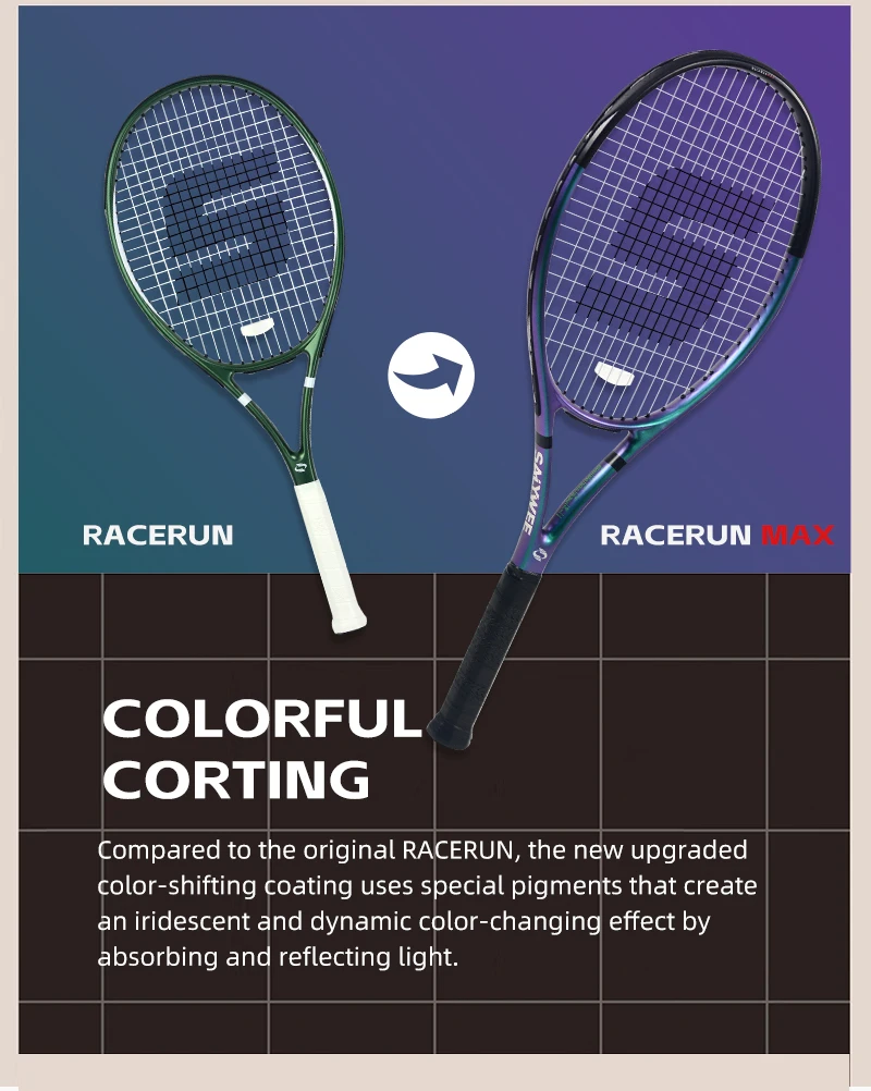 RaceRun-MAX Composite Carbon Tennisschläger, 295±10g Leichtgewicht, 325mm Balancepunkt, Einteiliger Stabiler Rahmen, 50-60lbs, für Fortgeschrittene – Detail 3