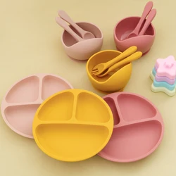 4PCS Baby Silicone Dinner Sets Color Contrast Plate Suction Bowl Eating Training Spoon Fork Colorful Baby Tableware Sets