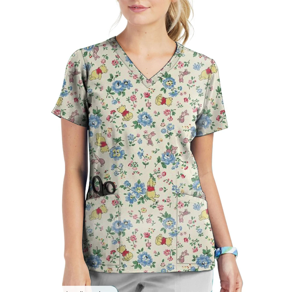 Disney Winnie the Pooh Medical Nurse Uniform Jogger Scrubs Hospital Uniforms Scrubs New Spa Uniforms Women V-neck Fashion Top