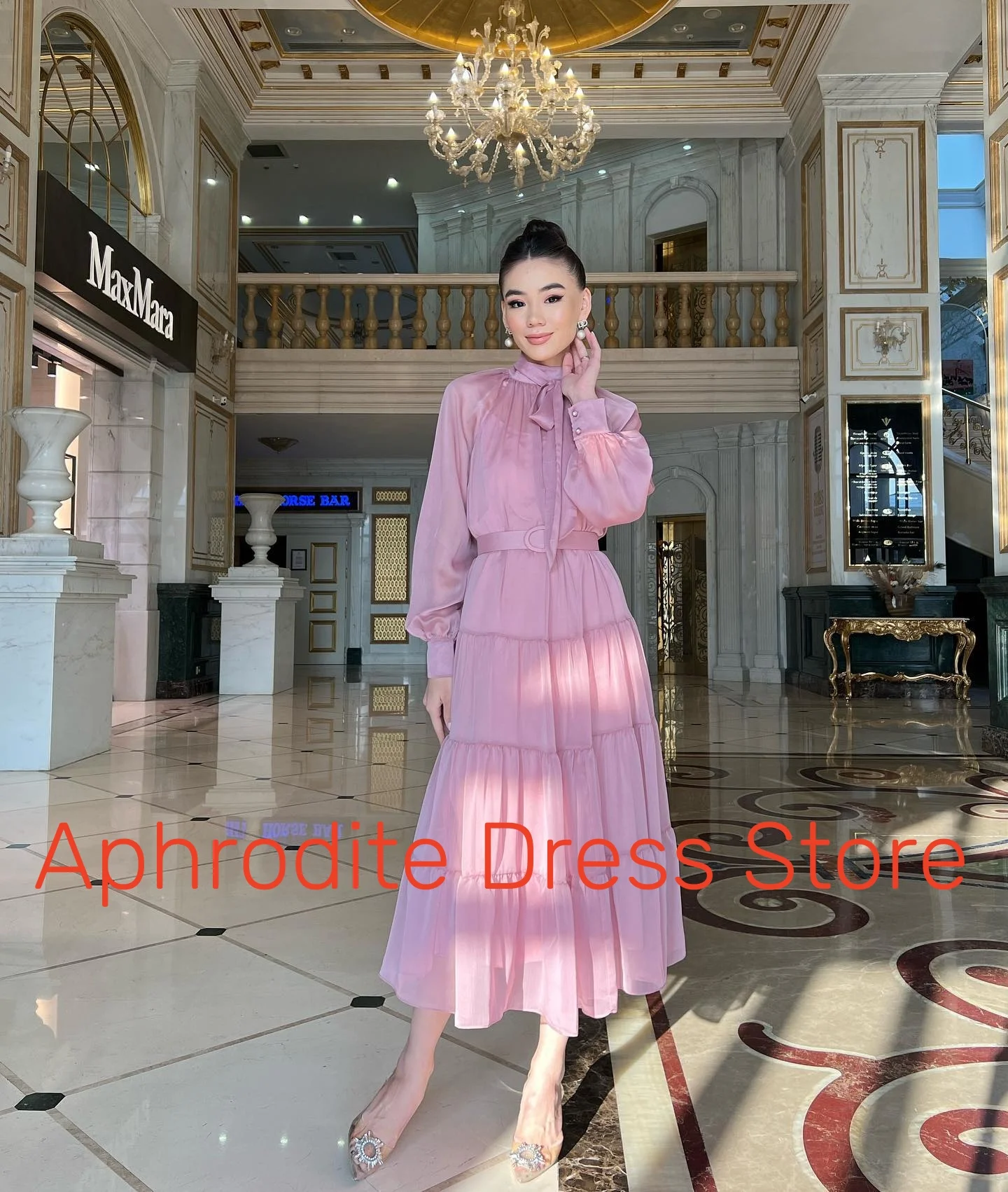 تخصيص أزرار الشيفون حساسة أشرطة حزام فساتين السهرة جودة عالية طويلة الأكمام فستان الحفلة الراقصة حجم مخصص جزء