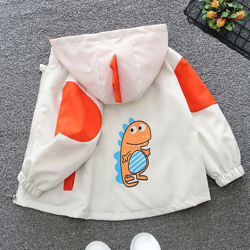 1 2 3 4 5 6 Years Boys Coats Patchwork Cartoon Dinosaur Pattern Hooded Windbreaker Leisure Overcoat For Kids Birthday Present