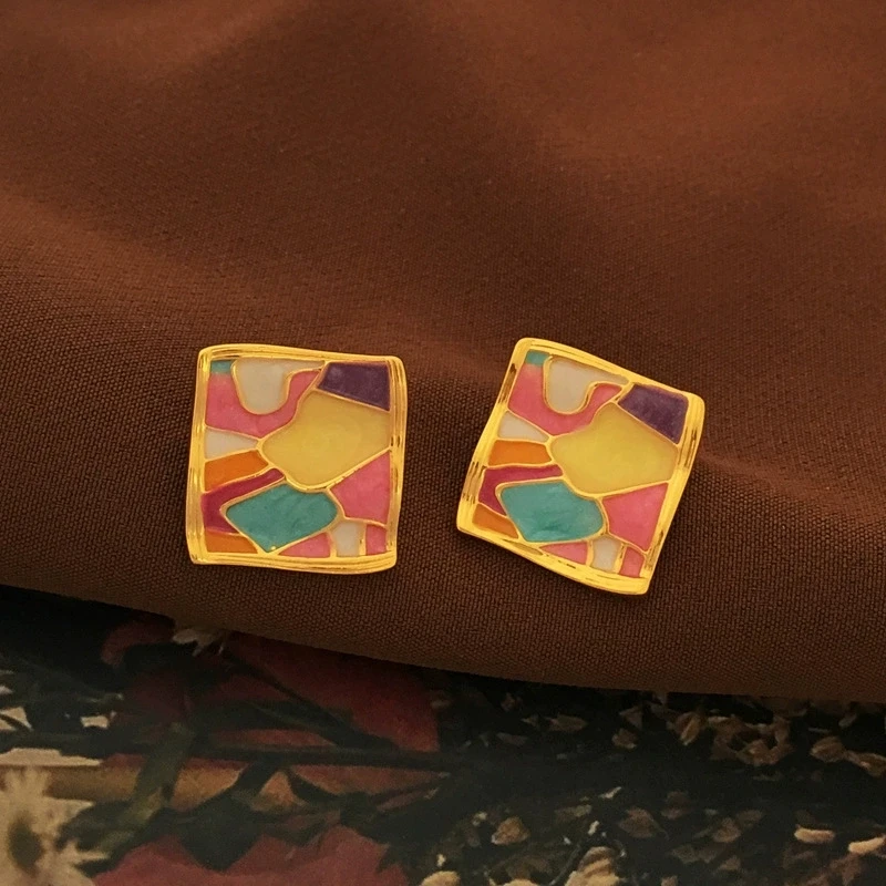 Geometry Square Heart Stud Earrings Colorful Contrast Color Enamel Oil Painting Pattern Earrings Personality Vintage Jewelry