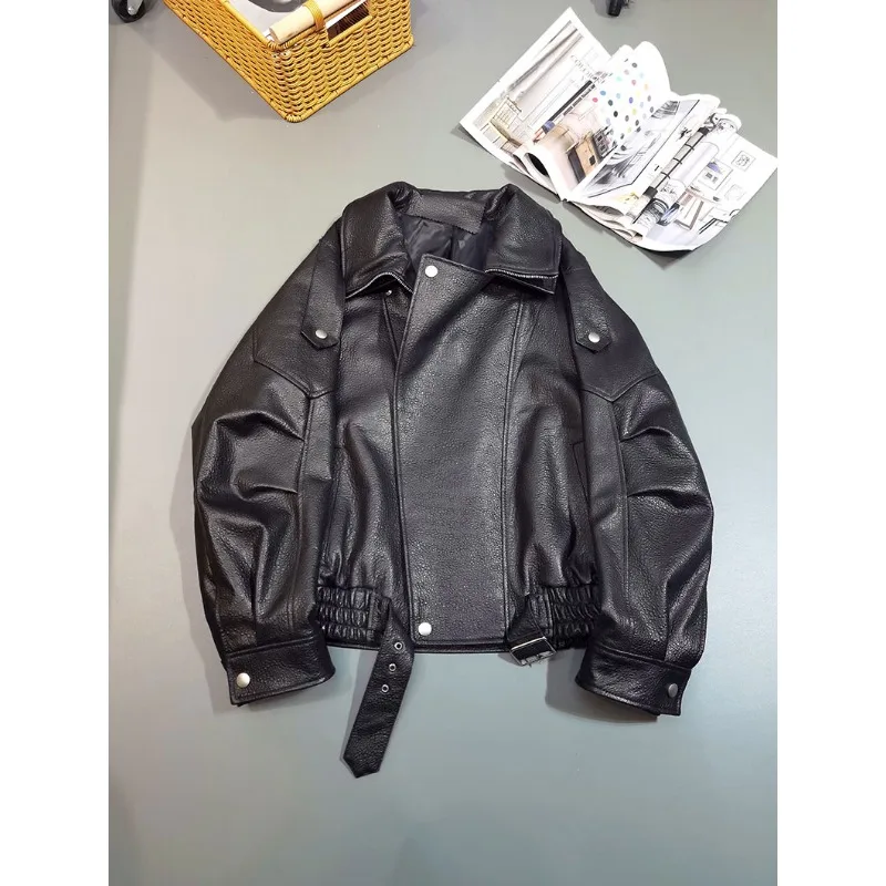 Herbst Winter Umlegekragen Jacke Damen PU Moto Biker Lederjacken Doppelkragen Koreanische Mode Damenkleidung