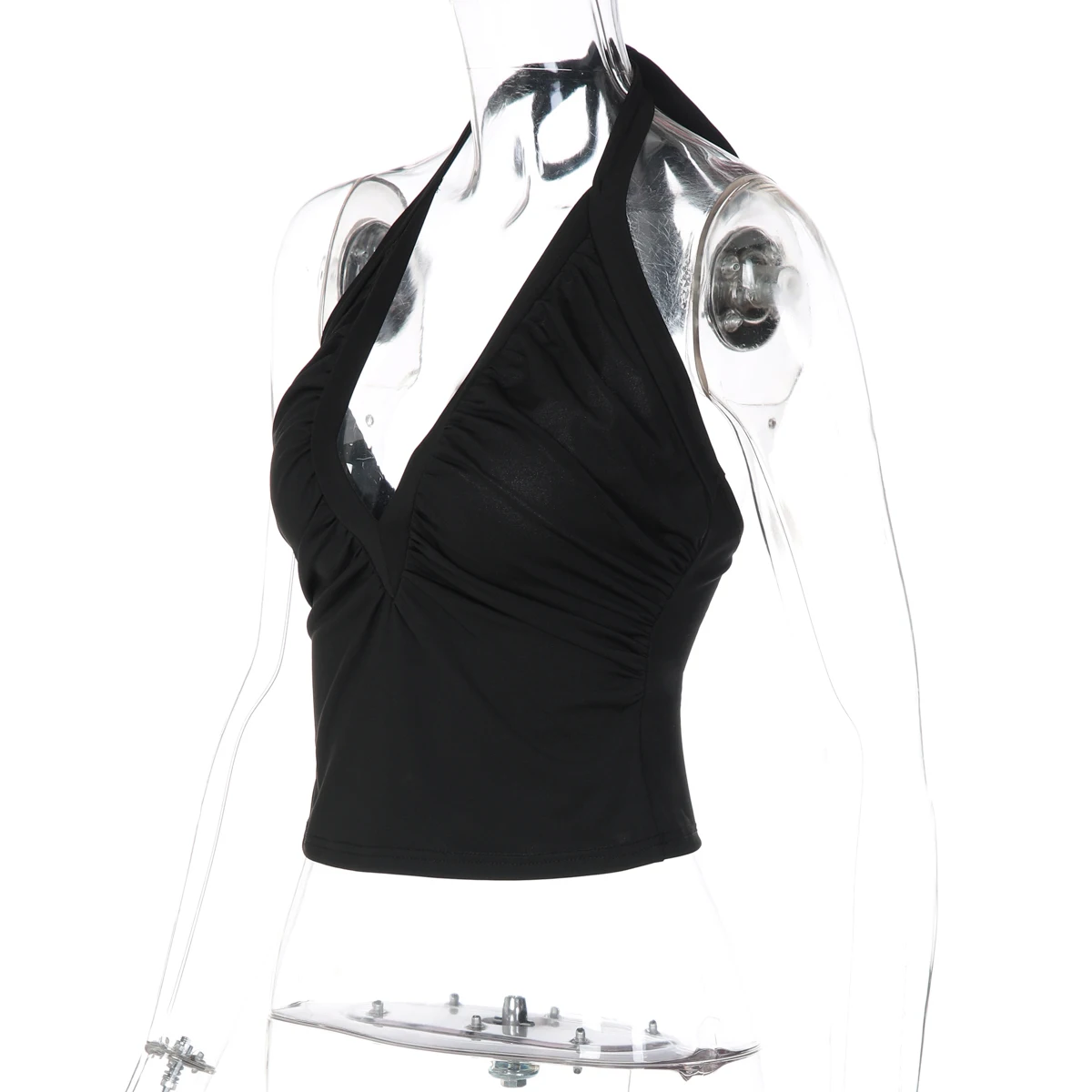 Hugcitar Neckholder V-Ausschnitt Einfarbig Rückenfrei Gerafftes Bandage Sexy Crop Tank Top Sommer Damen Mode Outfit Streetwear Party Club – Detail 3