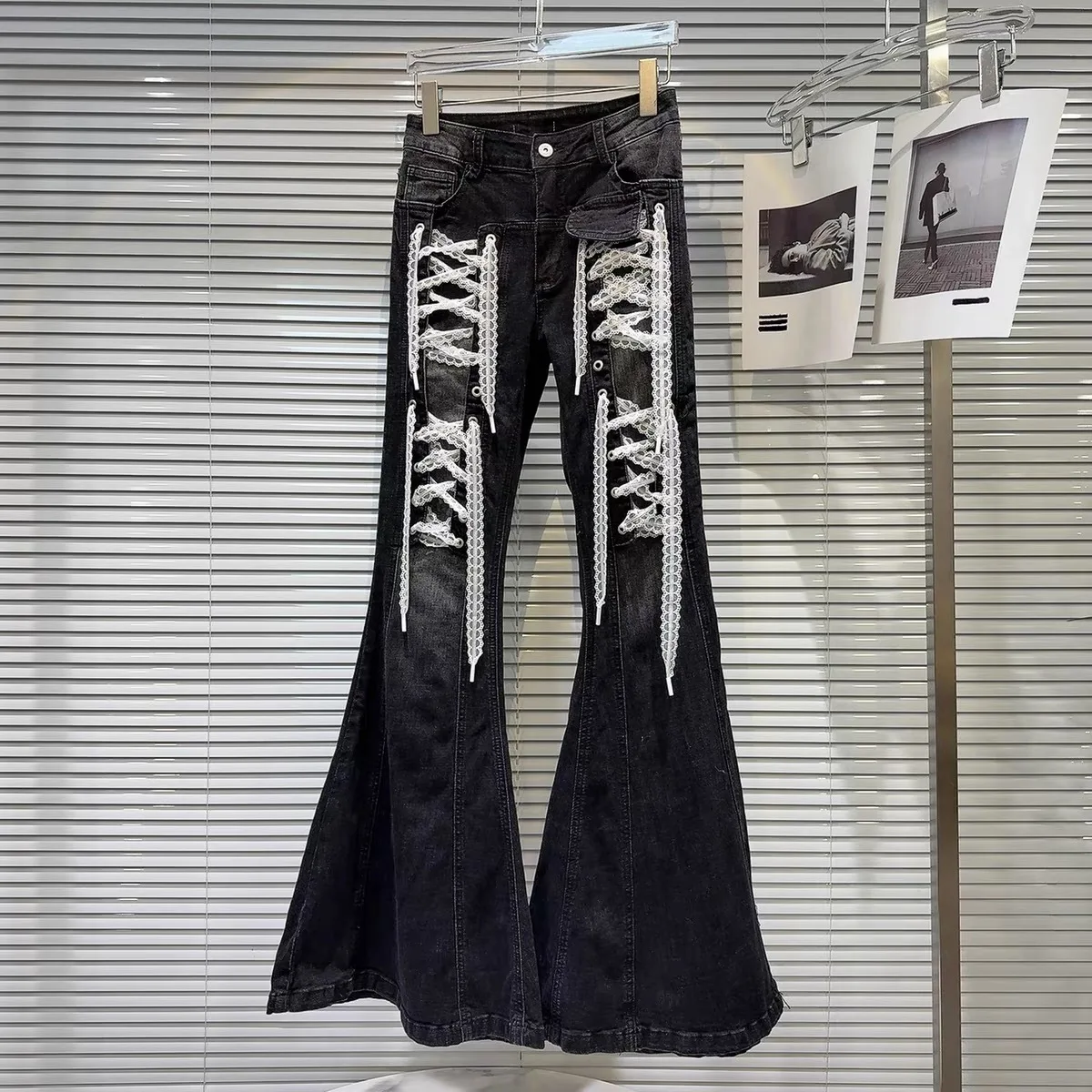 Vintage Gothic Black Flare Jeans Vrouwen Kant Bandage Goth Punk Slanke Denim Broek Streetwear Amerikaanse Retro Y2k Broek