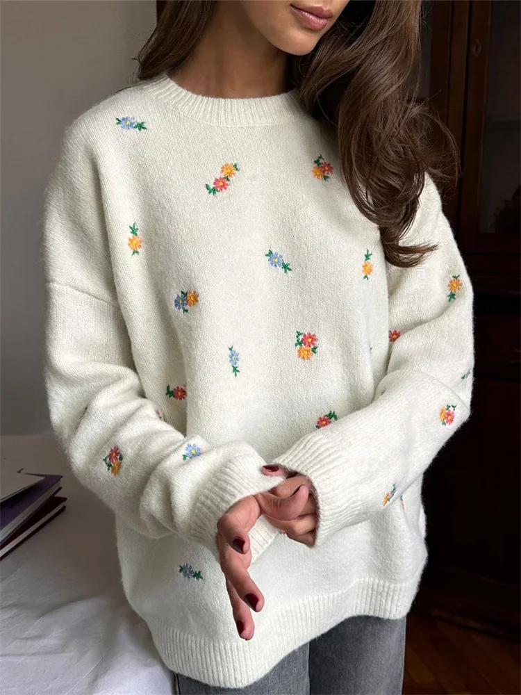 

Autumn Printed Knit Sweater Pullover Women's Long Sleeve Contrast High Waist Elegant Loose Top Female Knitwear Sweater New