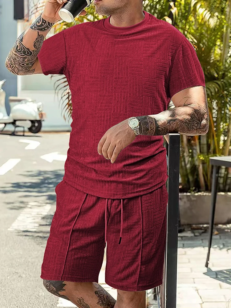 Abiti jacquard alla moda Uomo Estate Casual Tinta unita O Collo Manica corta T-shirt e pantaloncini Uomo Abiti a due pezzi Set larghi alla moda