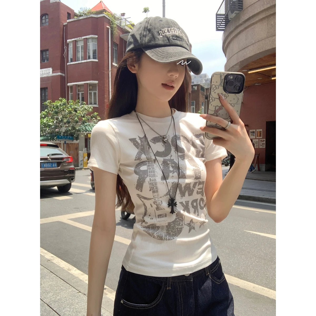 

American Casual Sle Women's T-irt Letter Print Slim Fit Overhead Summer New Faion Age Reduction Korean Version round Ne...