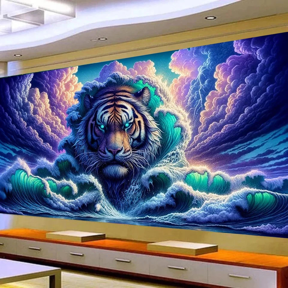 Fierce Blue Tiger Emerging From Tumultuous Waves Diamond Painting Large Size Full Diamond Mosaic Cross Stitch Kits Home Decor