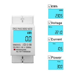 Consumo de Energia Medidor Elétrico, Trilho de Ruído 80A, Monofásico, Dois Fios, Display Digital LCD, kWh AC, 220V, 230V, 50Hz, 60Hz