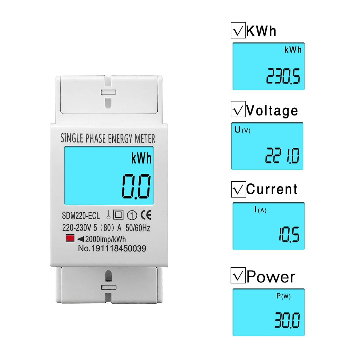 TOMZN 80A Licznik energii elektrycznej jednofazowy dwuprzewodowy na szynę DIN z cyfrowym wyświetlaczem LCD, pomiar zużycia energii kWh, AC 220V 230V 50Hz/6