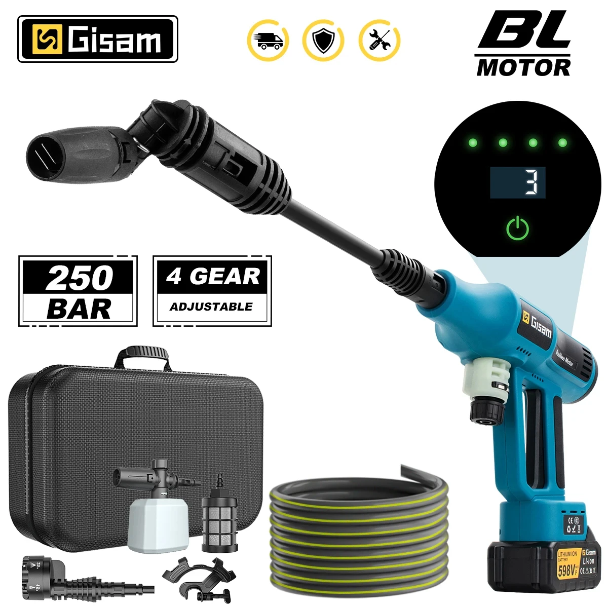 Gami 250Bar pistolet de lavage de voiture haute pression sans brosse 6in1 pistolet de pulvérisation de lavage d'eau de lavage de jardin électrique pour Makita broche de batterie 18V