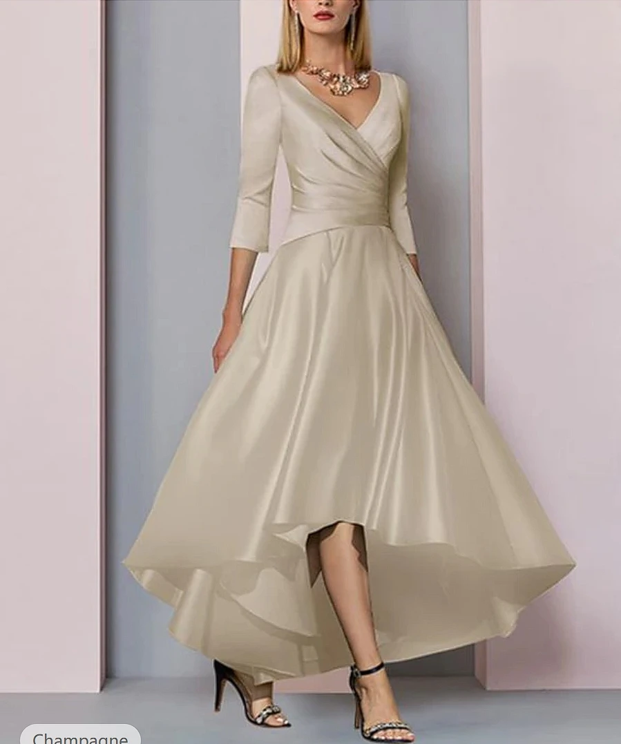 

Long A-Line Mother of the Bride Dress Wedding Guest Elegant High Low V Neck Asymmetrical Satin with Pleats Evening dresses 2024