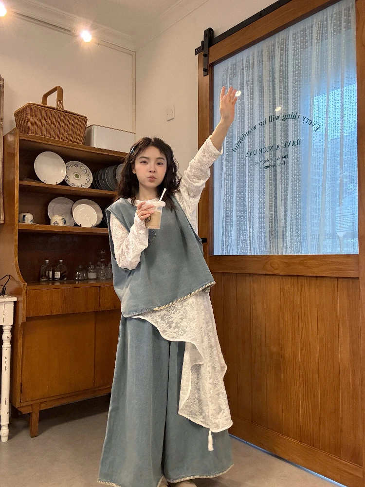 Retro Layered Korean Style Lace Dress Asymmetrical Loose Wide Leg Pants Women's Spring Summer Three Piece Set Fashionable