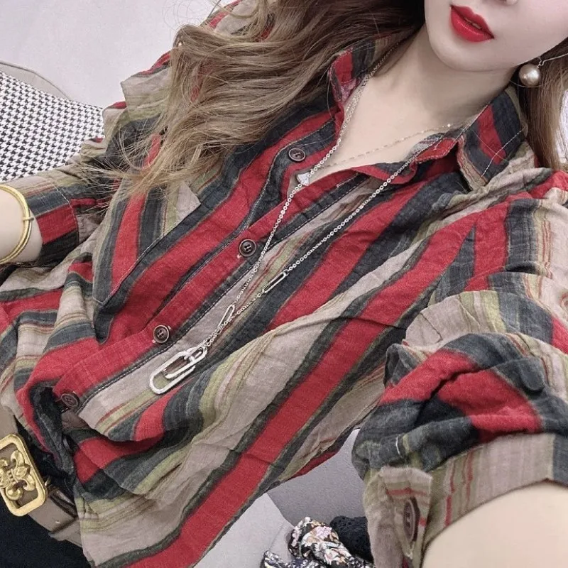 Korean Commute 2024 Spring and Autumn New Shirts Women\'s Spliced Polo Neck Button Striped Loose All-match Long Sleeve Shirt Tops