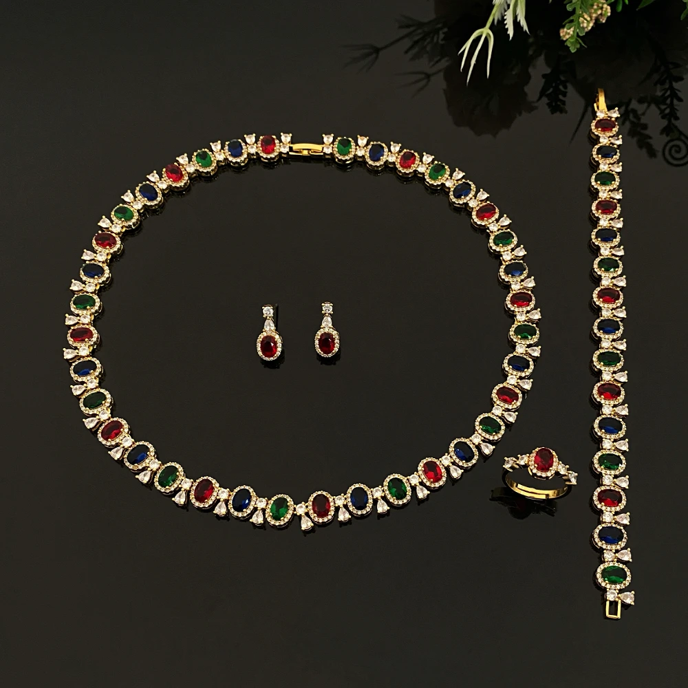 

JRH Women Versatile 4-Piece Jewelry Set Gold Plated Brass Zircon Bracelet Ring Necklace Earrings for Dating Party Wedding Daily