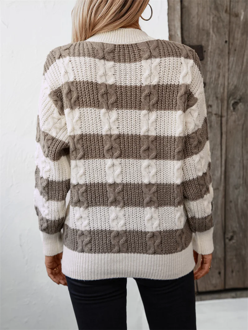 Women's Striped Sweaters Loose Round Neck Casual Long Sleeve Knitted Pullovers Fall Winter Cozy Sweater Tops